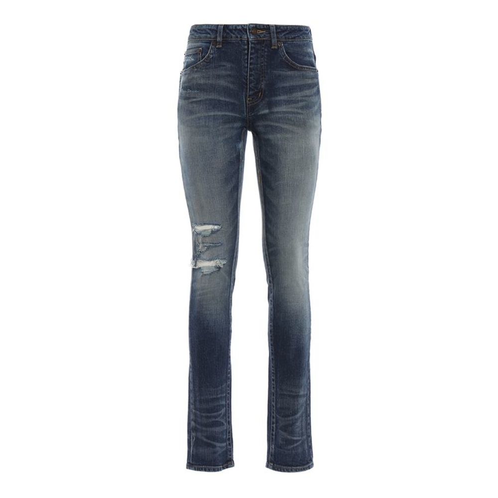 Saint Laurent Women's Medium Waist Worn Out Denim Jeans Blue
